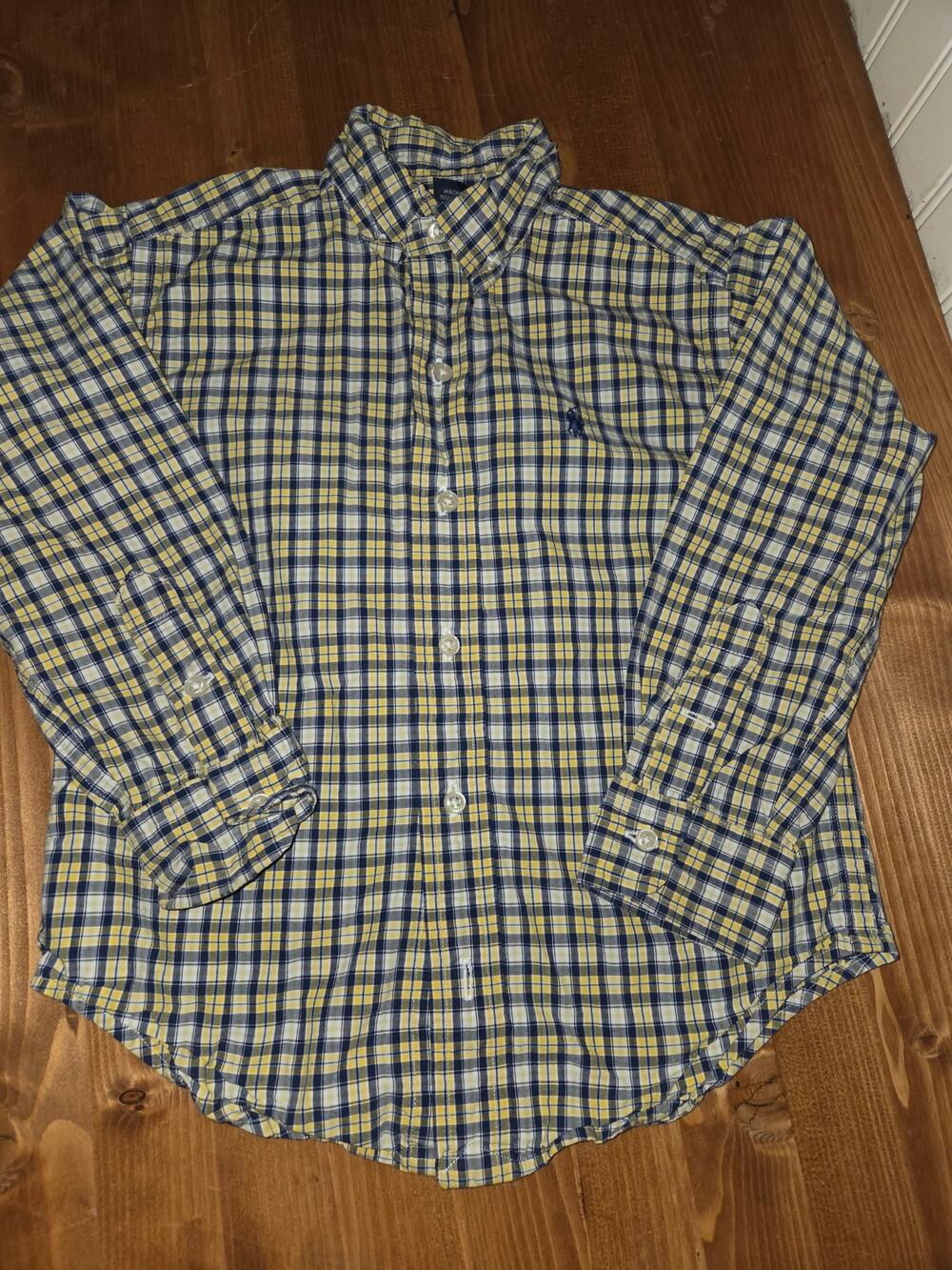 Ralph Lauren Boys Size 5 Button Down Shirt Yellow Navy Blue Long Sleeve Cotton